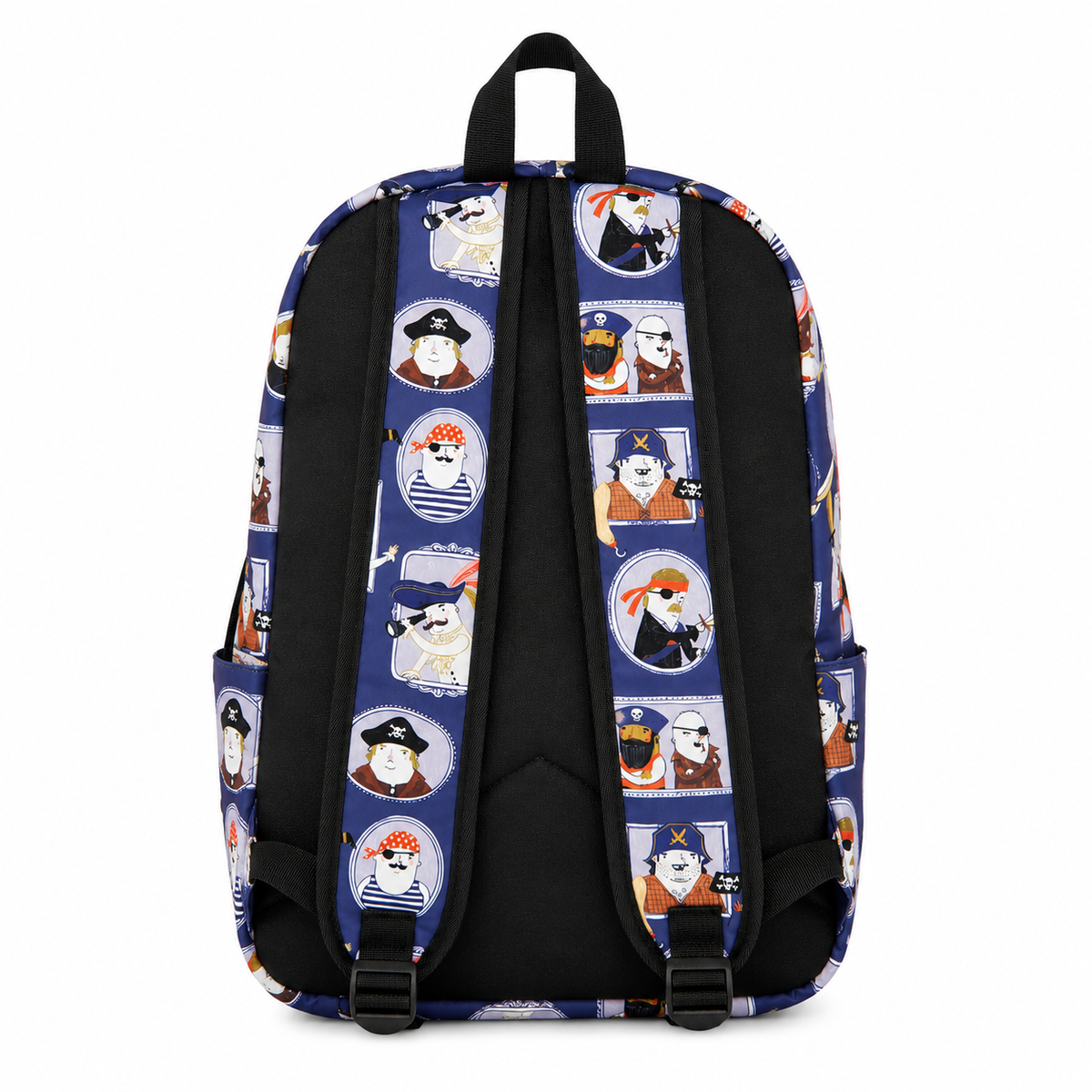 Back view of the Pirate Kids Polyester School Backpack showing padded back panel and adjustable shoulder straps
