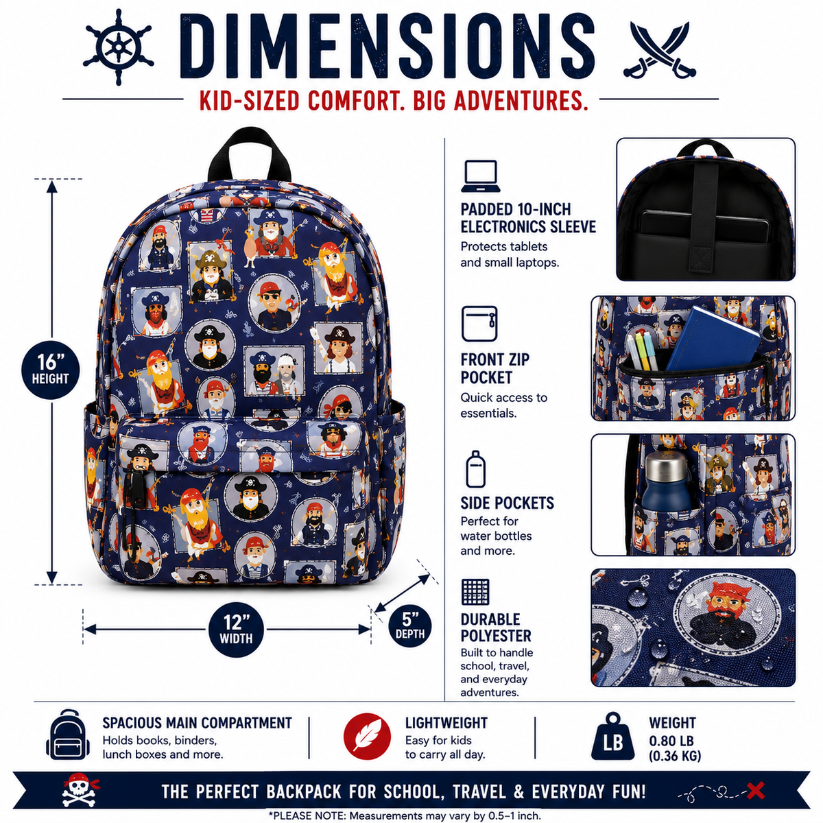 Dimensions infographic for the Pirate Kids Polyester School Backpack showing 12 x 5 x 16 inch measurements and key storage features