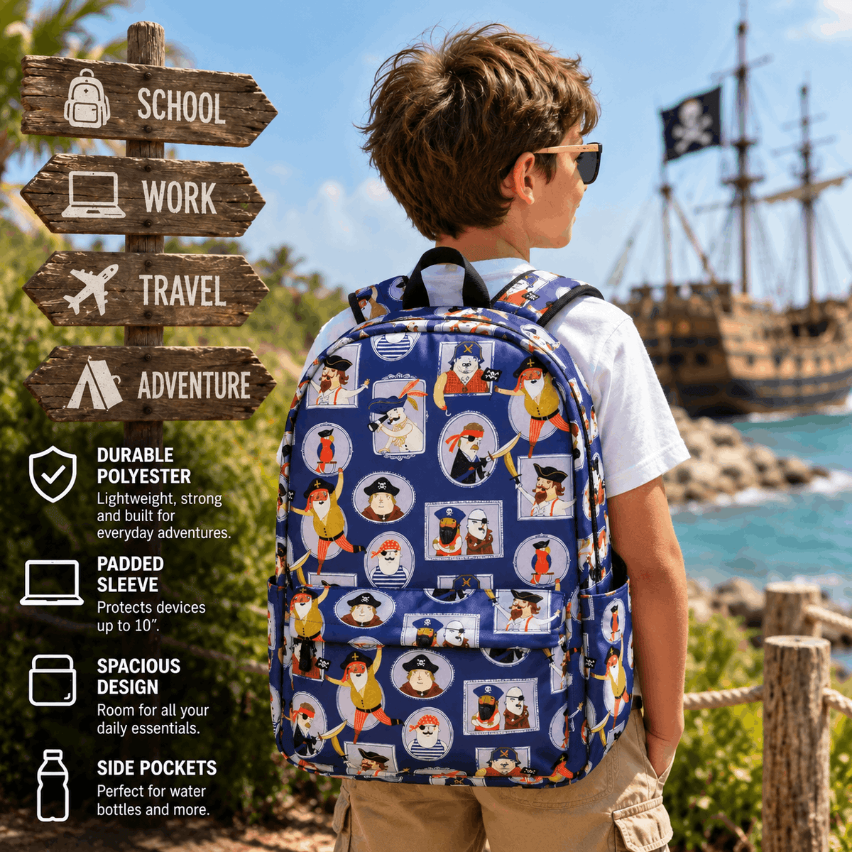 Child wearing the Pirate Kids Polyester School Backpack during everyday school or travel activities
