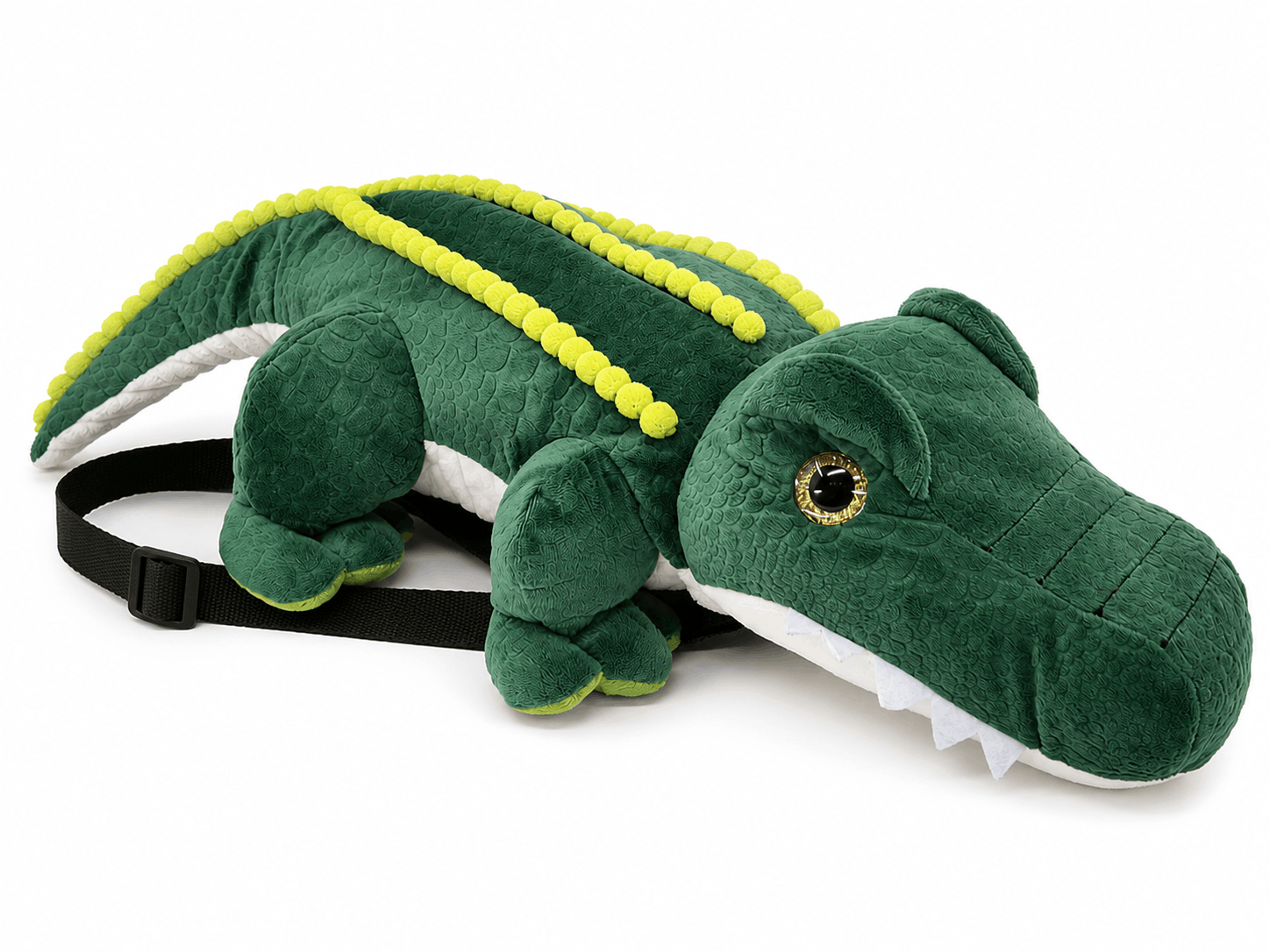 Angled view of the plush alligator backpack showing the side profile, textured fabric, and tail