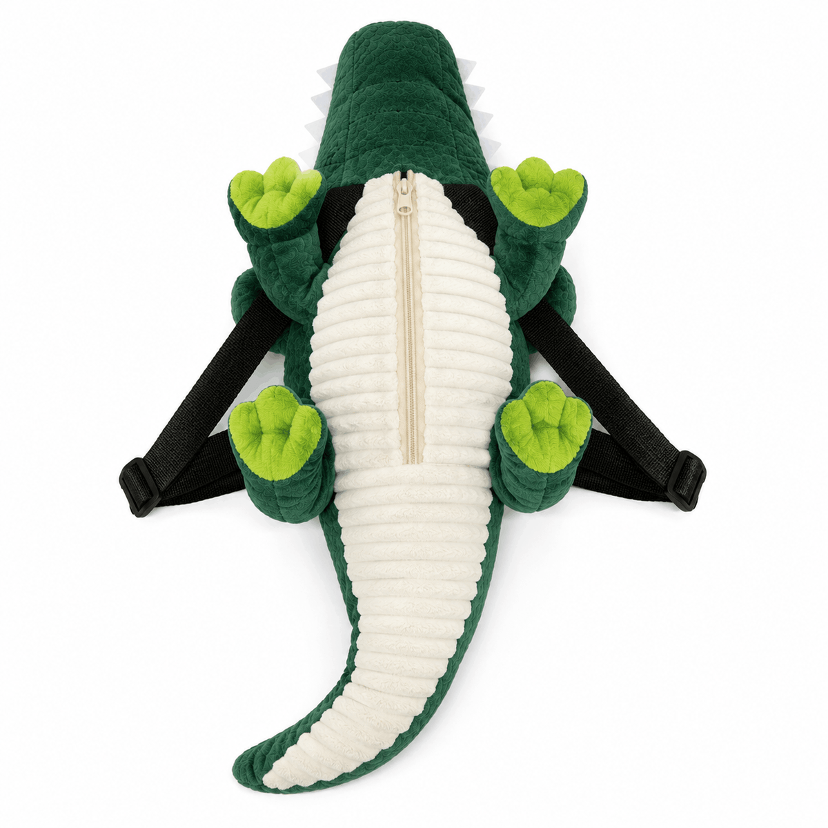 Back view of the plush alligator backpack showing the zippered white belly compartment and adjustable shoulder straps