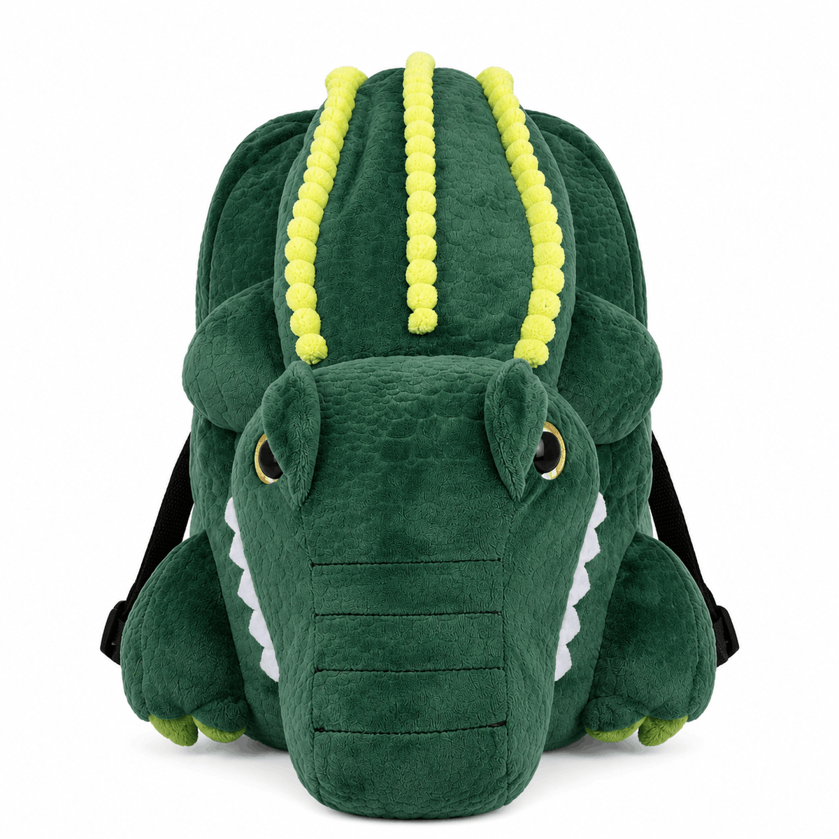 Plush alligator backpack front view with green body, embroidered details, and adjustable shoulder straps