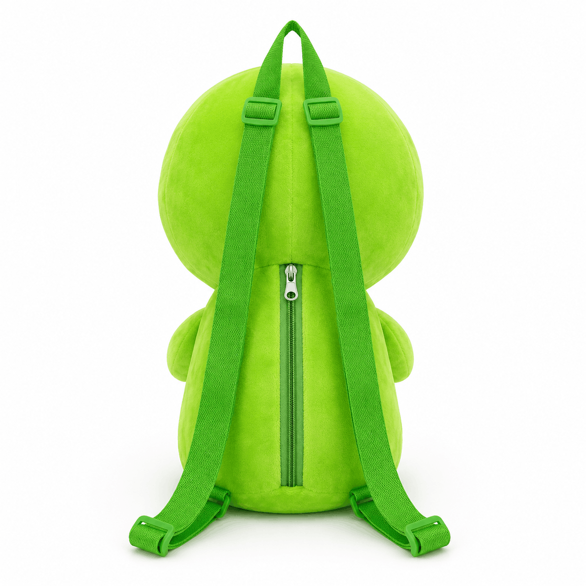 Back view of the Plush Baby Alien Mini Backpack showing adjustable shoulder straps, top carry loop, and rear vertical zippered compartment.