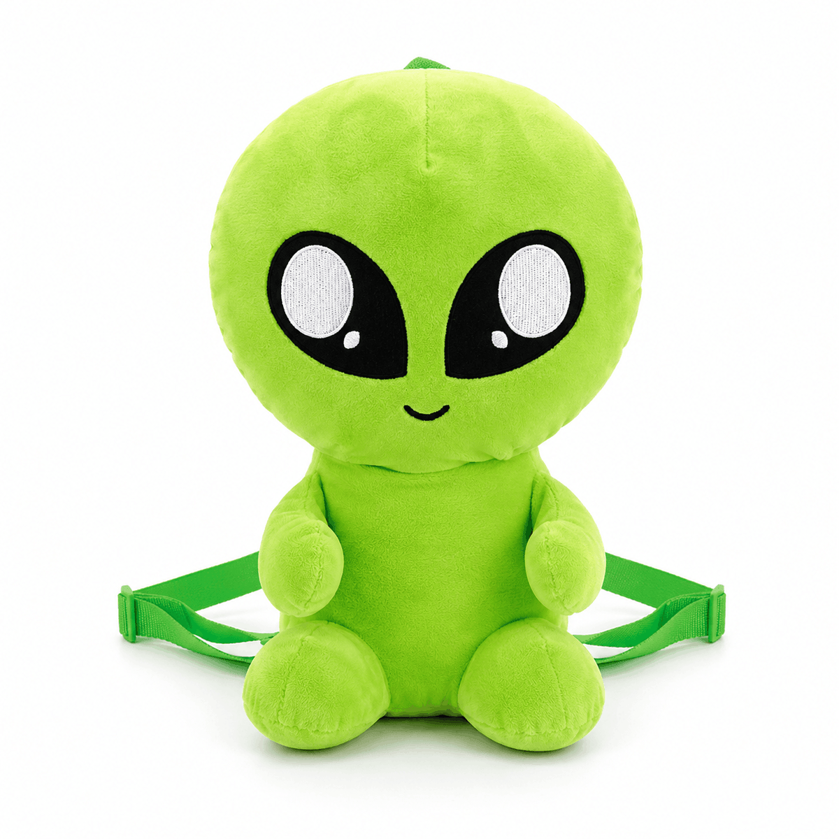 Plush Baby Alien Mini Backpack front view with soft green plush design on a white background.