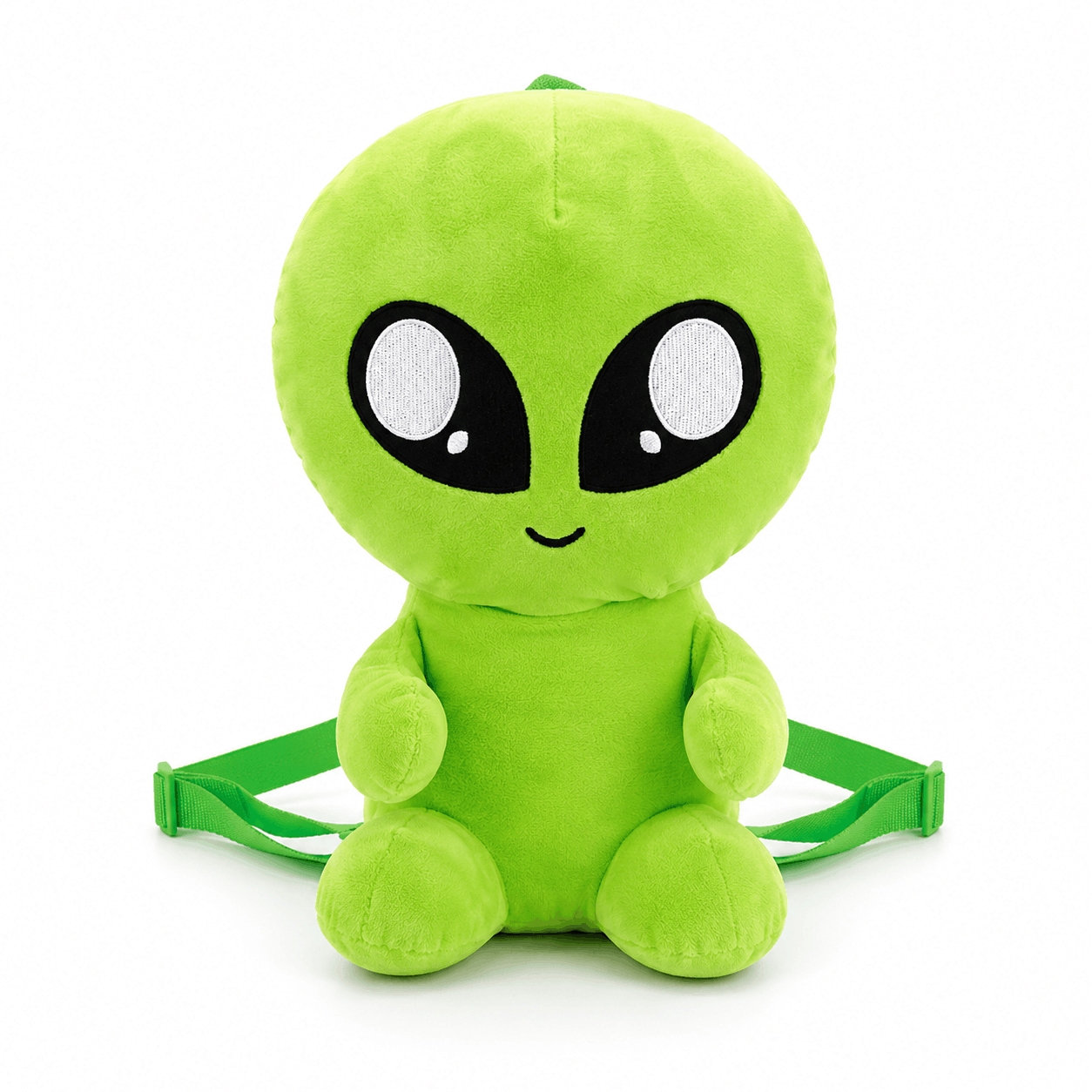 Plush Baby Alien Mini Backpack front view with soft green plush design on a white background.