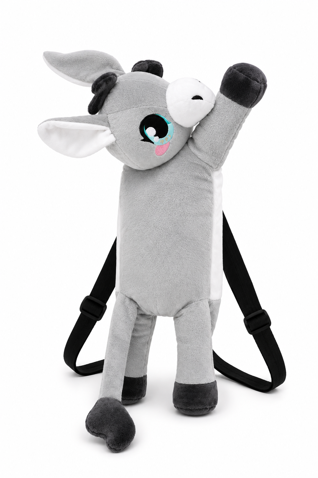 Angled view of the Plush Donkey Mini Backpack featuring its soft plush donkey design