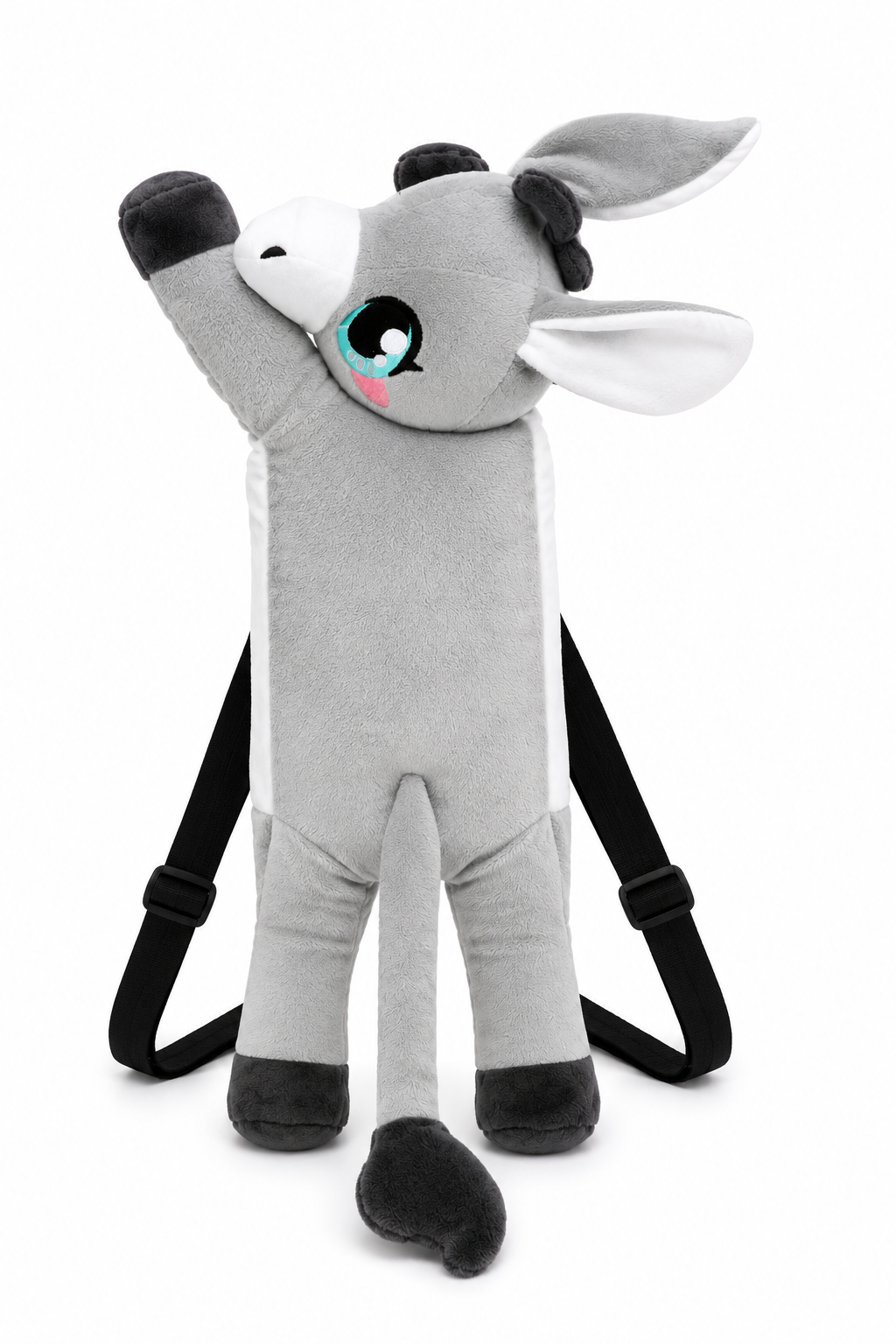 Back view of the Plush Donkey Mini Backpack showing adjustable backpack straps and plush donkey tail