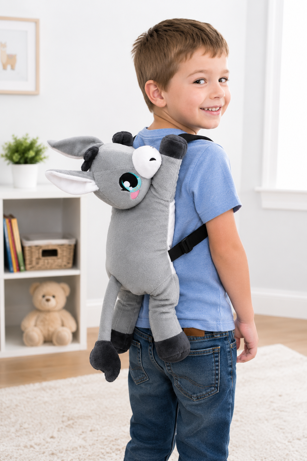 Child wearing the Plush Donkey Mini Backpack for preschool, travel, or everyday adventures