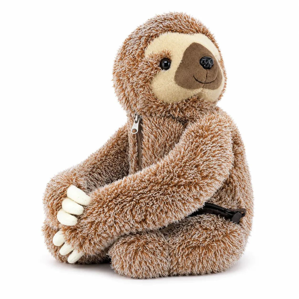 Plush sloth mini backpack front view with soft plush fabric and adjustable shoulder straps