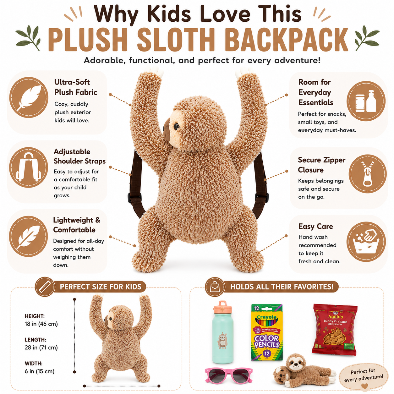 Plush sloth mini backpack infographic highlighting adjustable straps, soft plush fabric, lightweight design, and everyday storage