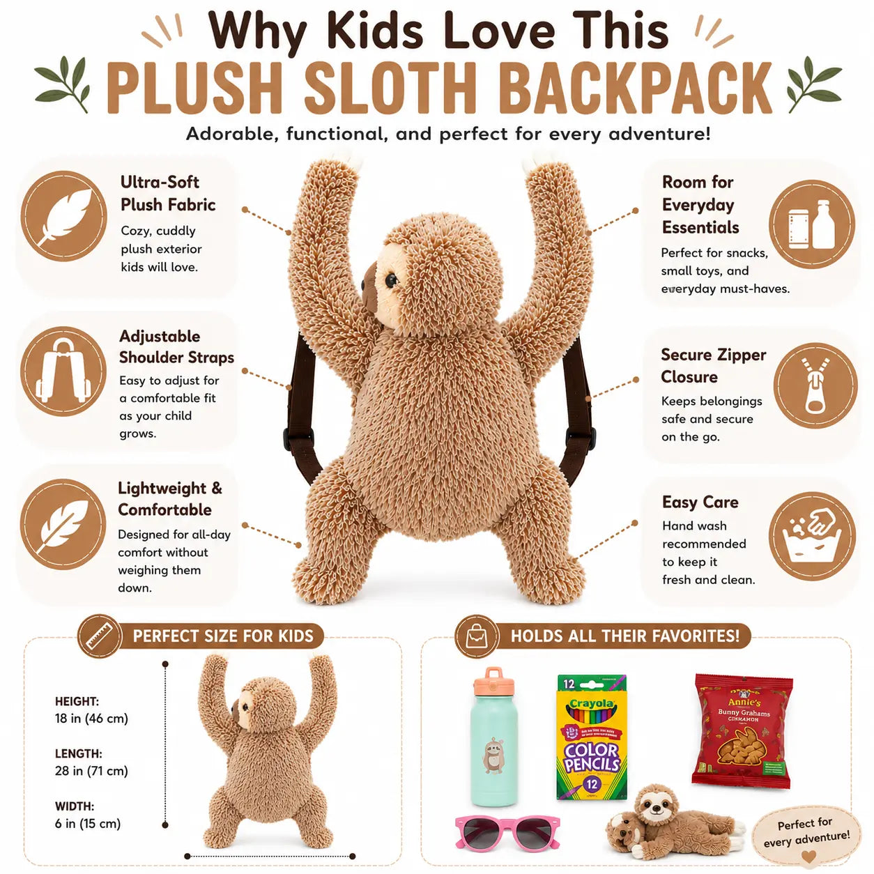 Plush sloth mini backpack infographic highlighting adjustable straps, soft plush fabric, lightweight design, and everyday storage