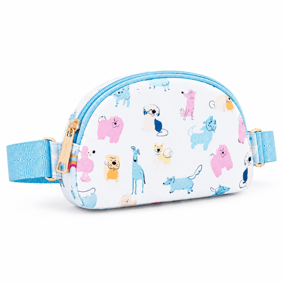Angled view of the Puppy Pals Belt Bag with light blue trim