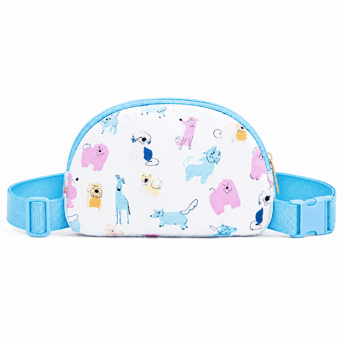 Back view of the Puppy Pals Belt Bag with adjustable light blue strap