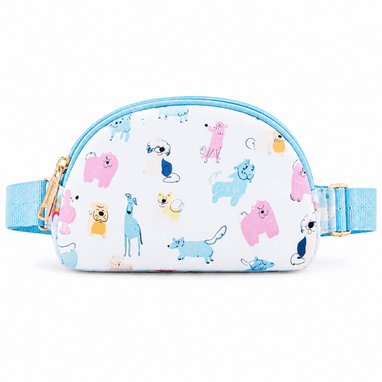 Puppy Pals Belt Bag with colorful dog print and light blue strap