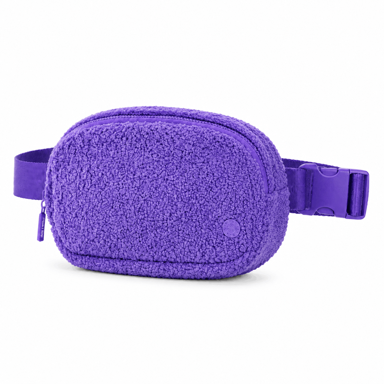 Purple fleece belt bag shown from a 45-degree angle