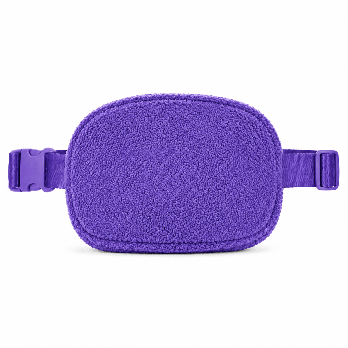 Back of purple fleece belt bag with adjustable strap and buckle
