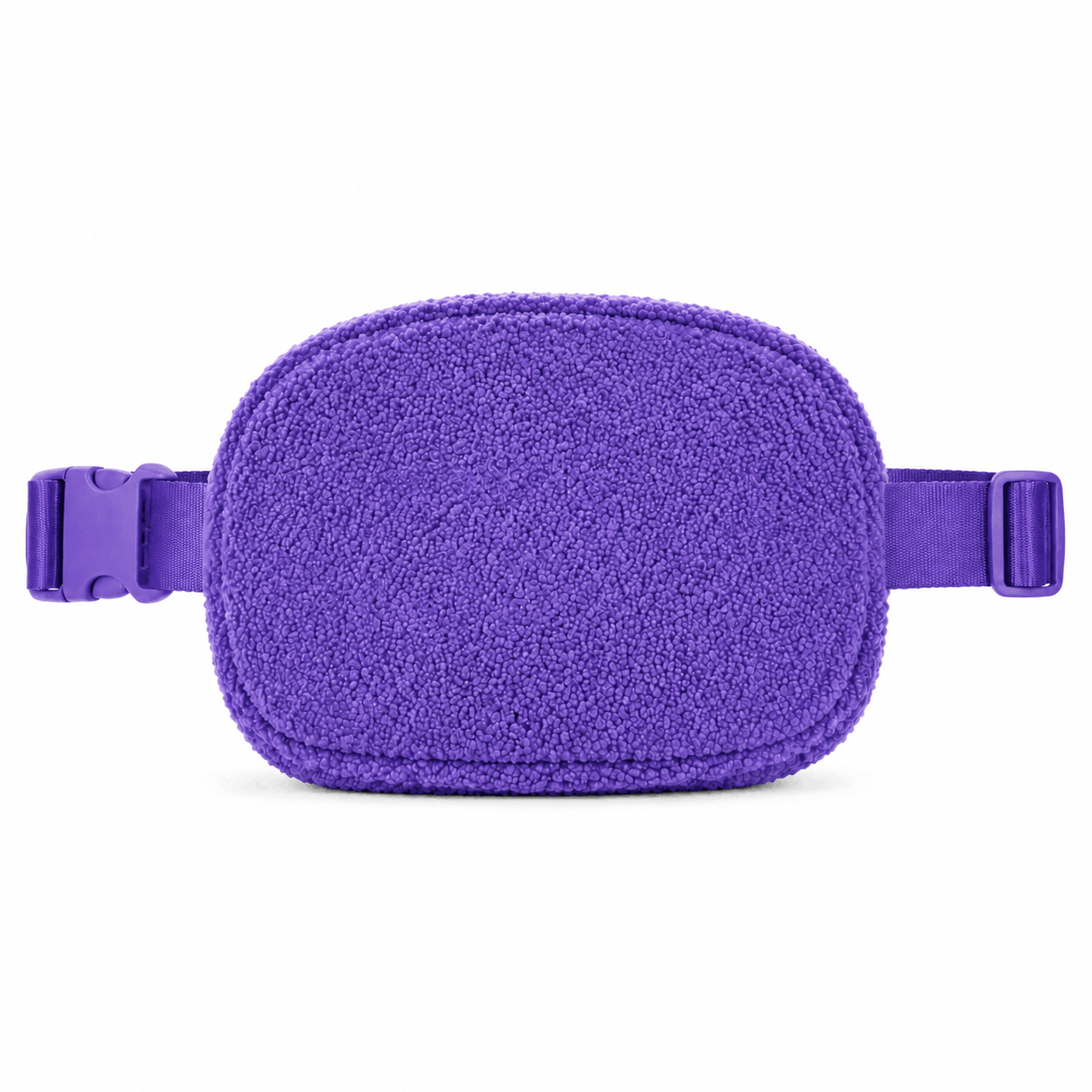 Back of purple fleece belt bag with adjustable strap and buckle