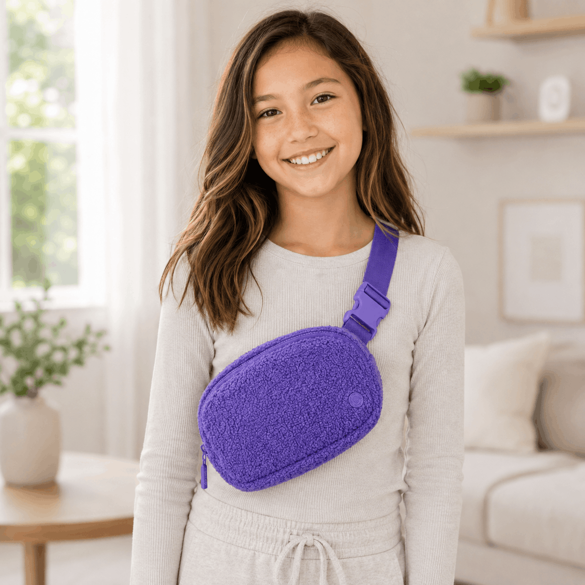 Child wearing a purple fleece belt bag crossbody indoors