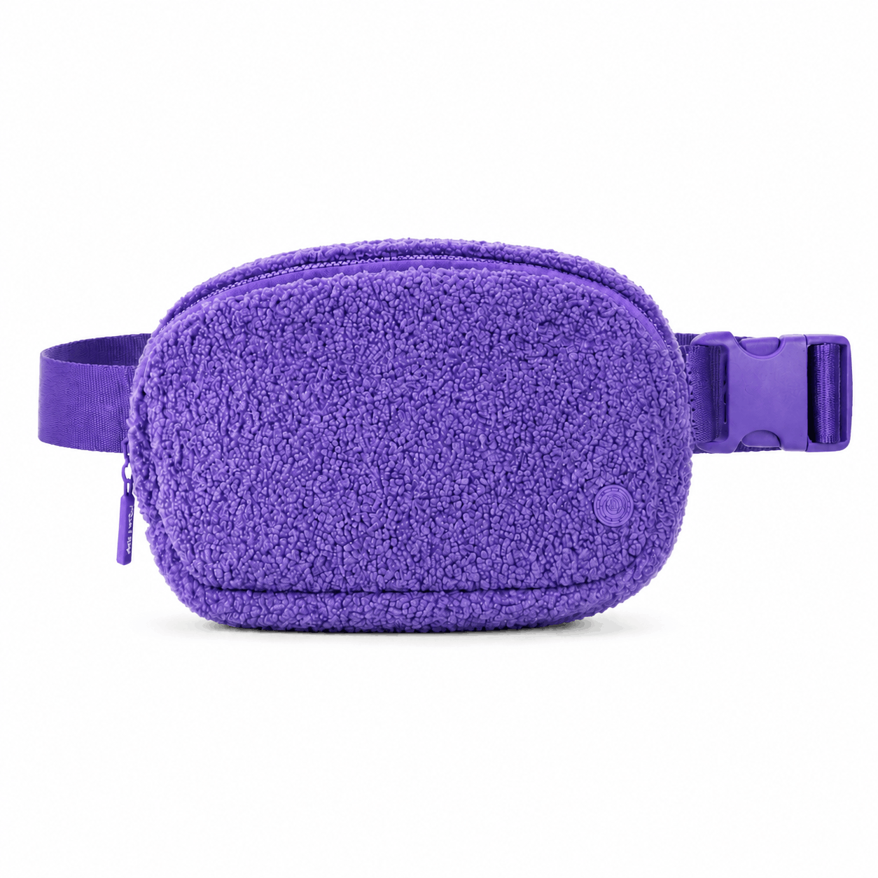 Purple fleece belt bag with matching strap and buckle, front view