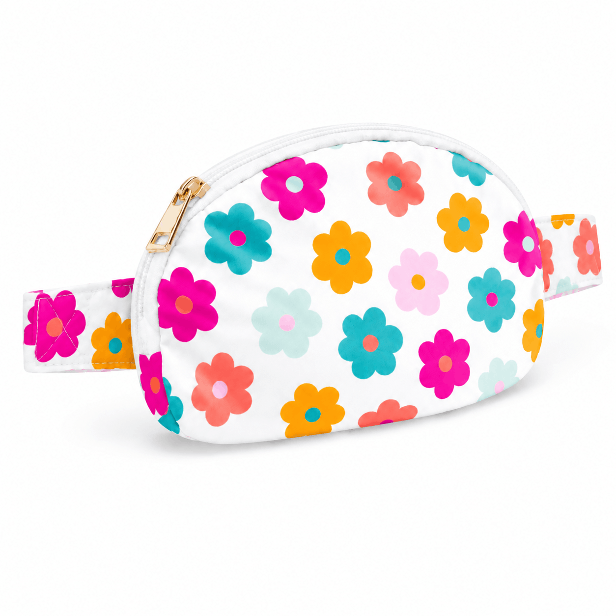 Angled view of the Retro Floral Belt Bag with white zipper trim