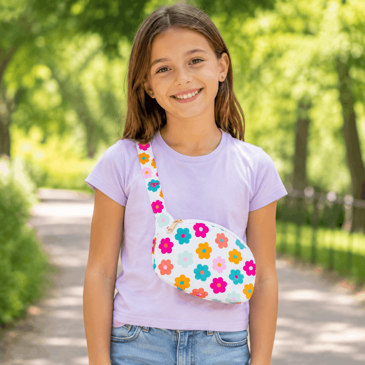 Child wearing the Retro Floral Belt Bag crossbody at a park