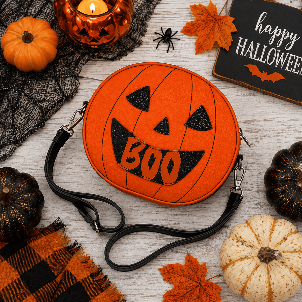 Reversible Jack-O'-Lantern Crossbody Bag displayed with Halloween decorations including pumpkins, candy, autumn leaves, and seasonal décor.