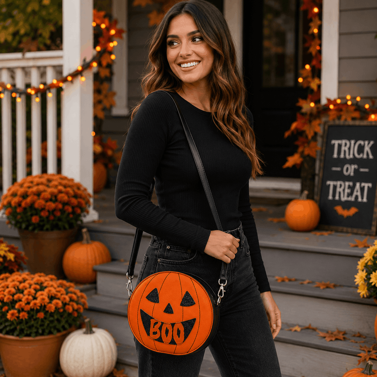 Model wearing the Reversible Jack-O'-Lantern Crossbody Bag with the orange "BOO" side displayed as part of a Halloween outfit.