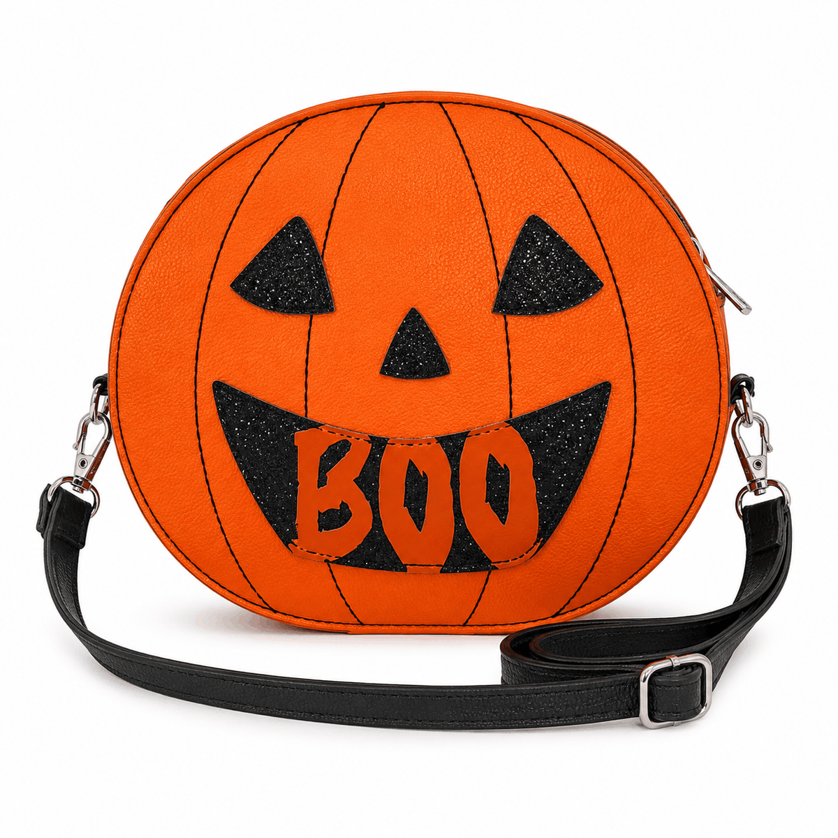 Reversible Jack-O'-Lantern Crossbody Bag showing the orange "BOO" pumpkin face with black glitter accents and adjustable shoulder strap.