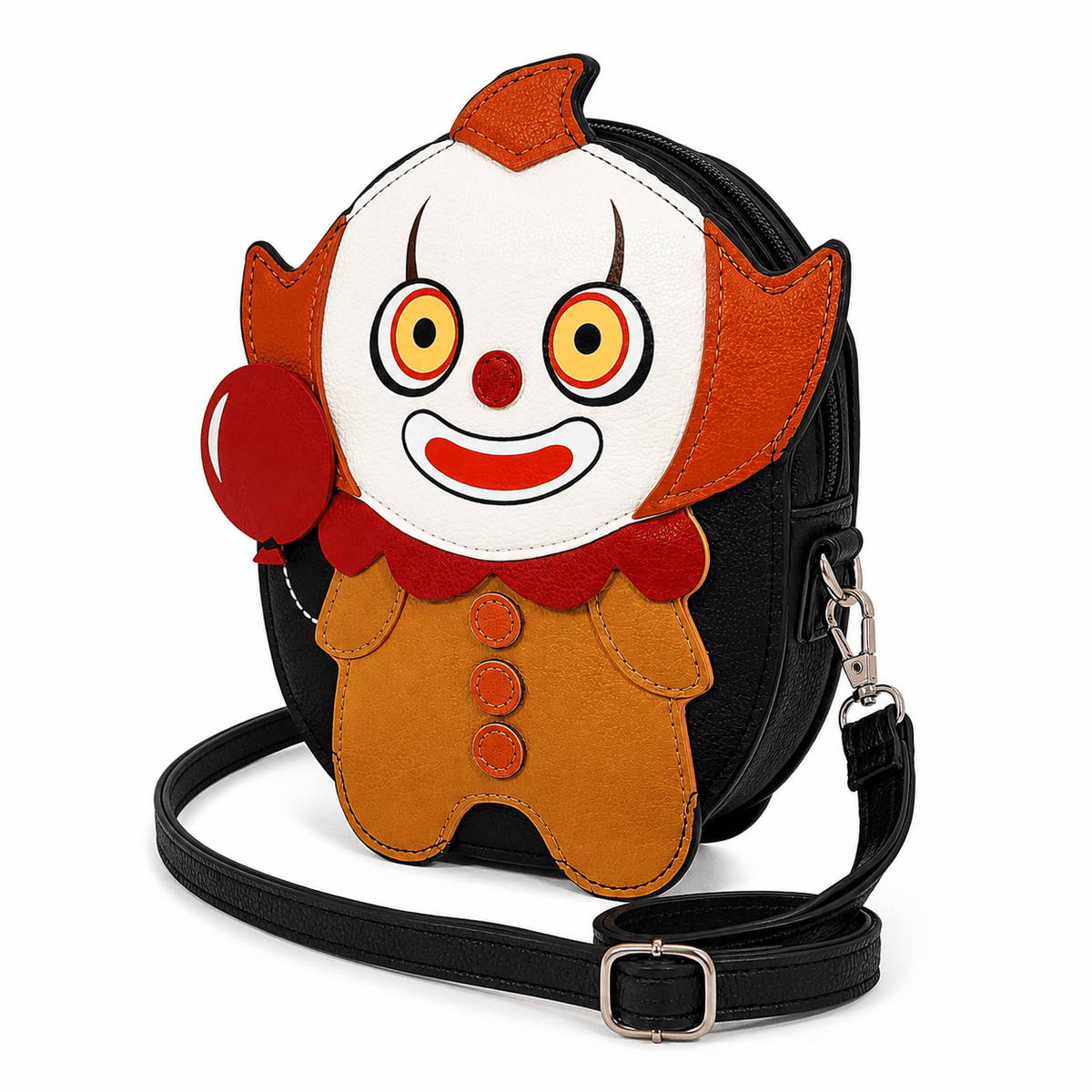 Angled view of the Scary Clown Crossbody Bag showing the dimensional clown design, red balloon, and side profile.