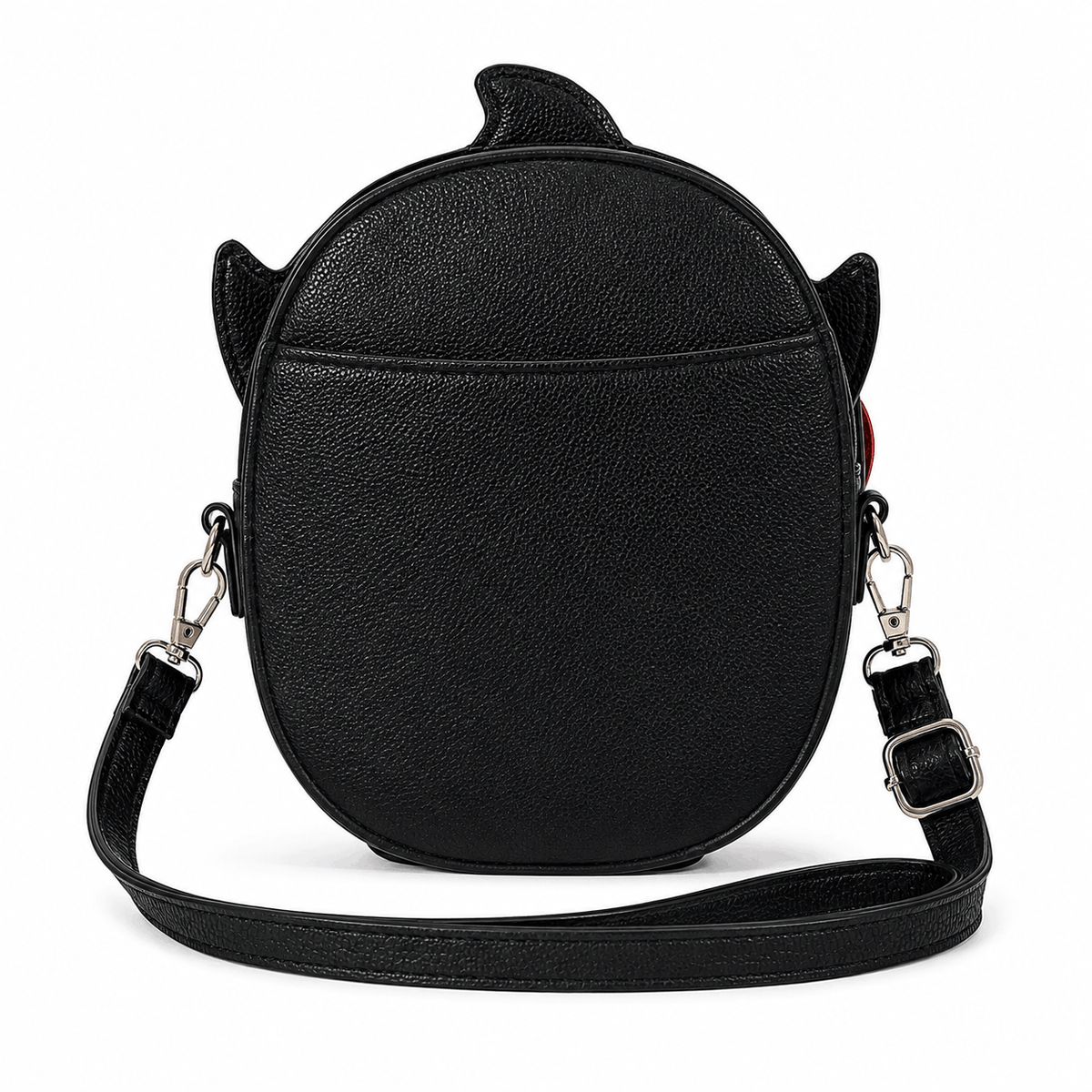 Back view of the Scary Clown Crossbody Bag showing the black vinyl exterior and rear slip pocket.