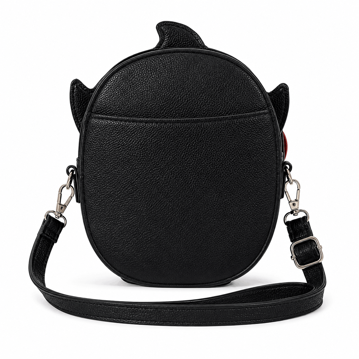 Back view of the Scary Clown Crossbody Bag showing the black vinyl exterior and rear slip pocket.