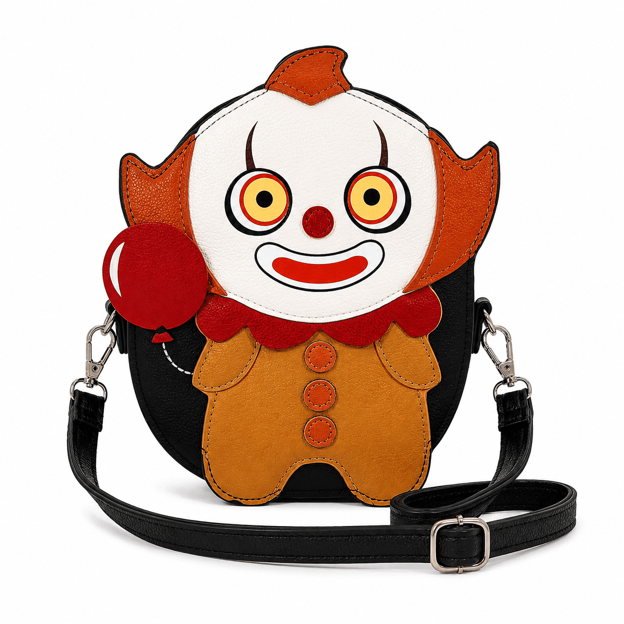 Scary Clown Crossbody Bag front view featuring a creepy clown holding a red balloon with black vinyl body and colorful character details.
