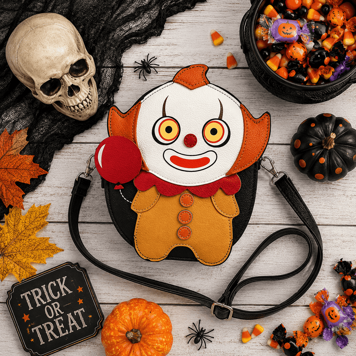 Scary Clown Crossbody Bag displayed in a Halloween-themed flat lay with seasonal decorations and spooky accents.