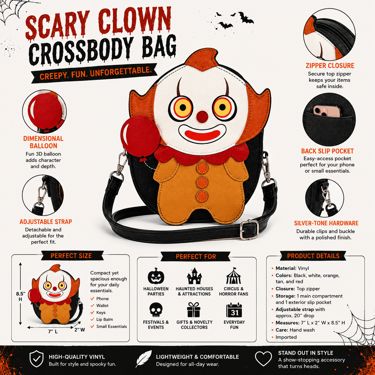 Product infographic highlighting the Scary Clown Crossbody Bag features, storage, adjustable strap, dimensions, and product details.