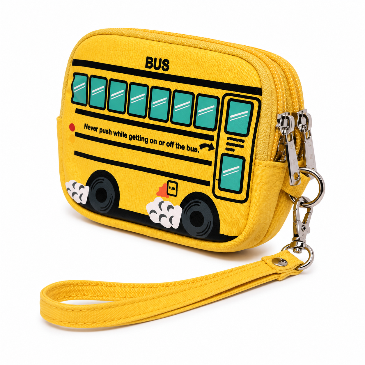 Angled view of the School Bus Mini Wristlet highlighting the dual zipper design and wrist strap.