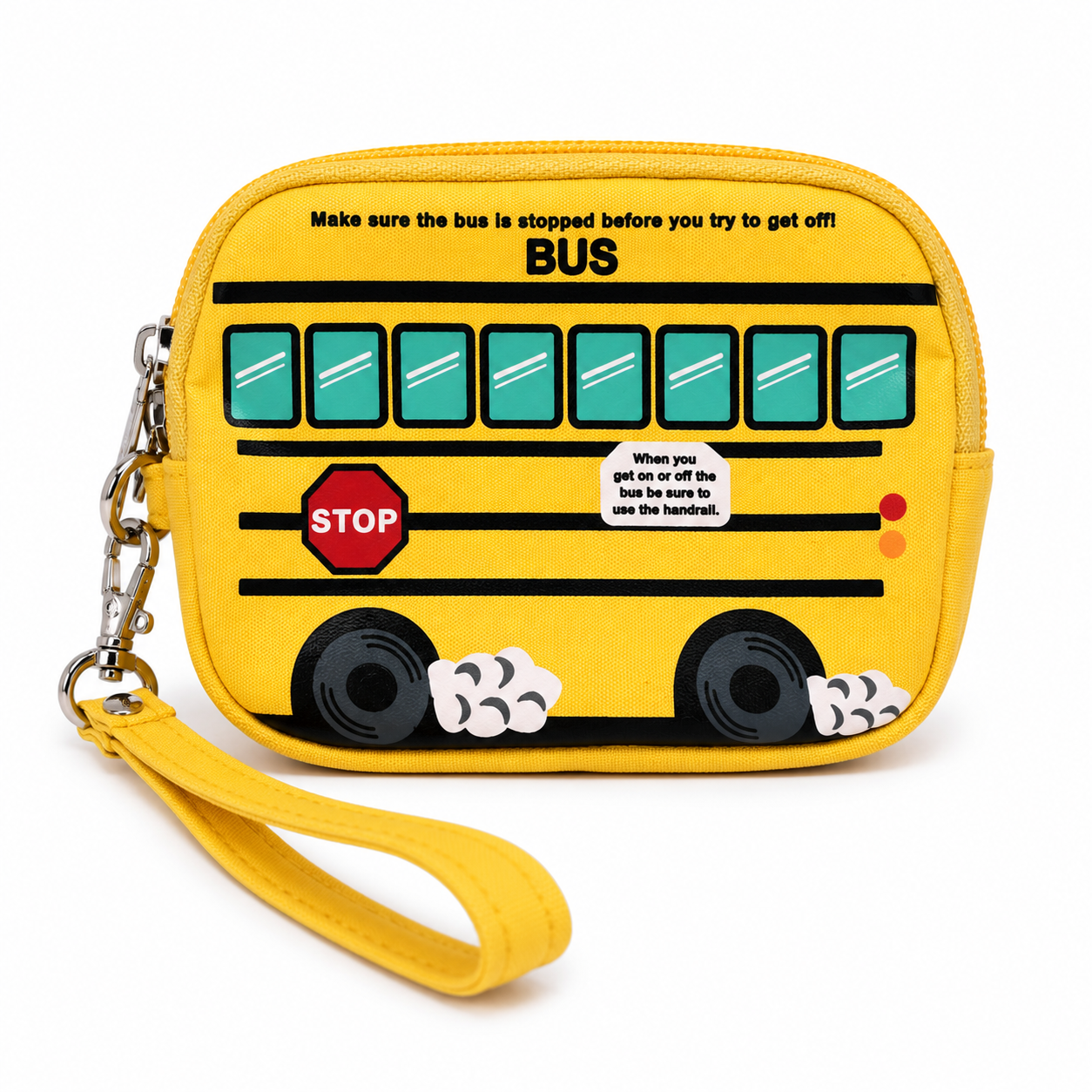 Back of the School Bus Mini Wristlet with school bus artwork and safety-themed graphics.