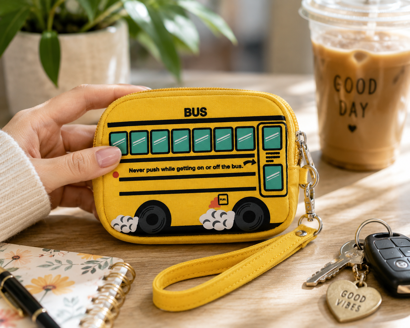 School Bus Mini Wristlet displayed on a desk with everyday essentials.
