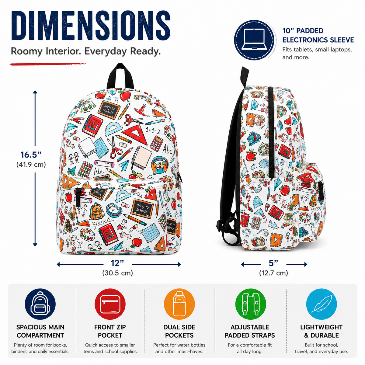 School Days Backpack dimensions infographic showing 16 inch height, 12 inch width, 5 inch depth, storage features, and padded electronics sleeve