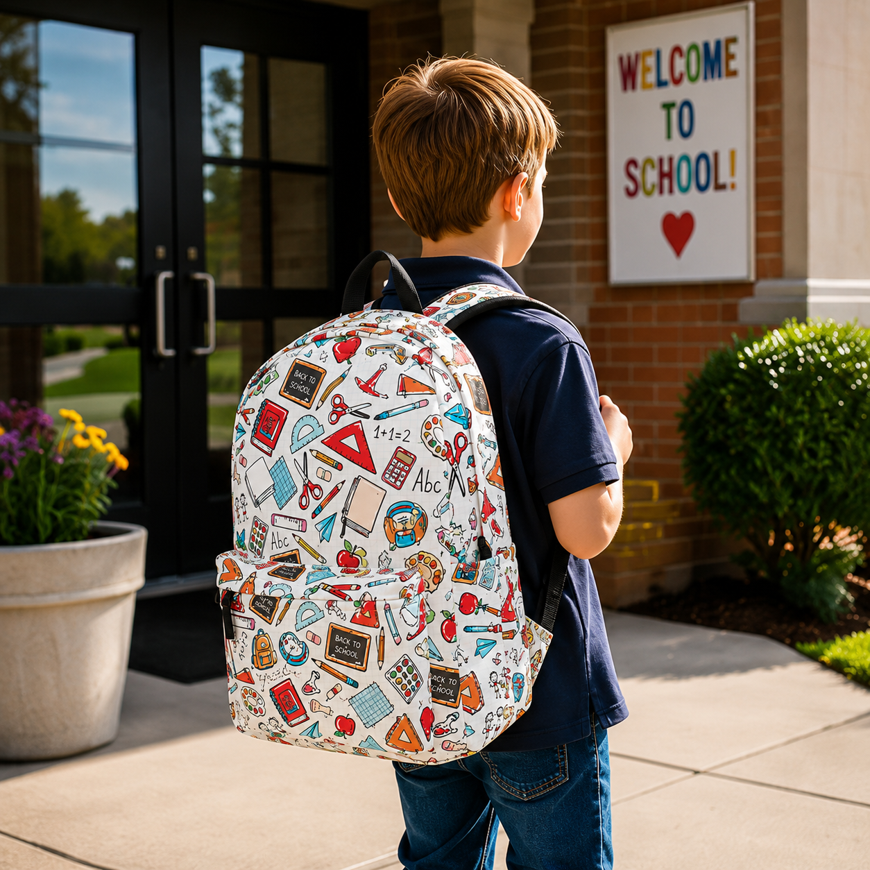 Child wearing the School Days Backpack while walking into school on a sunny morning