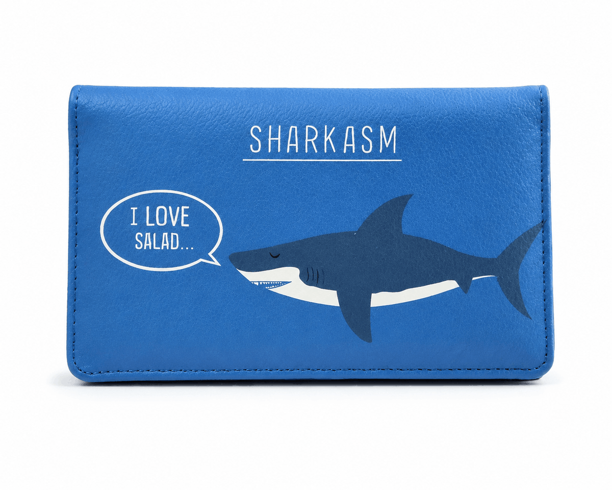 Sharkasm bifold wallet with funny shark design on a white background