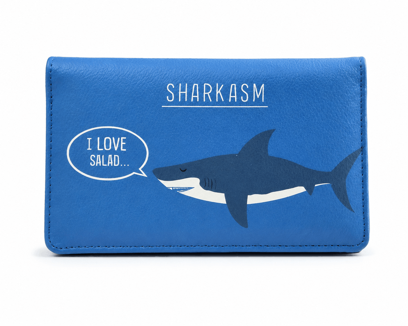 Sharkasm bifold wallet with funny shark design on a white background
