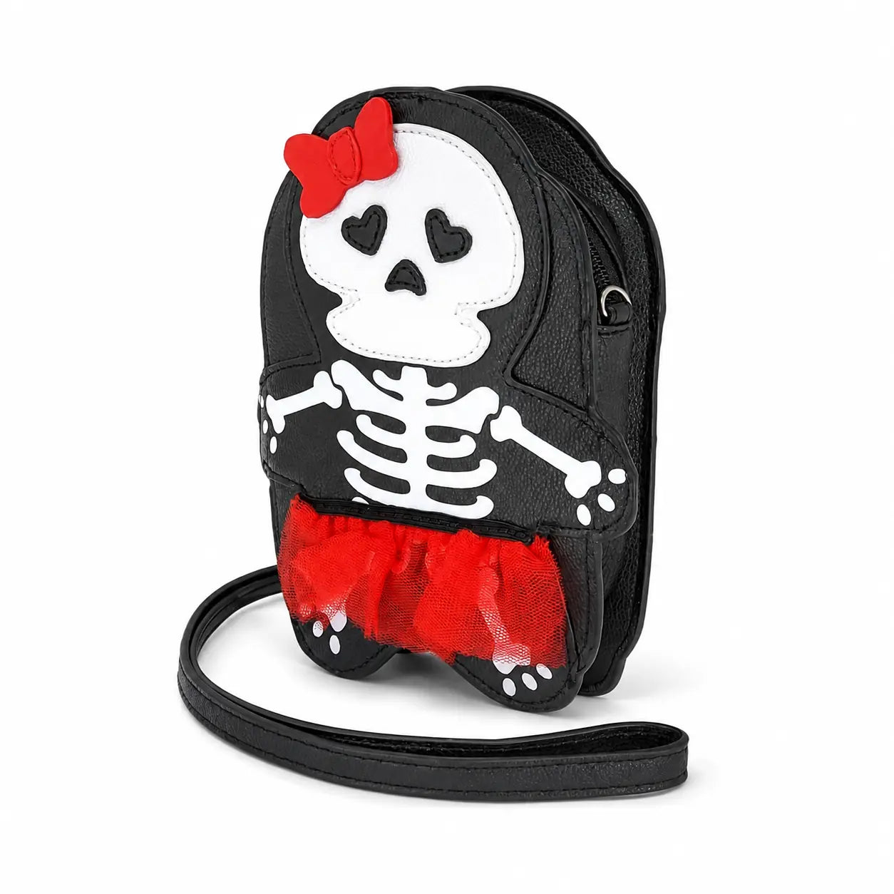 Angled view of skeleton girl crossbody bag with zipper and detachable strap