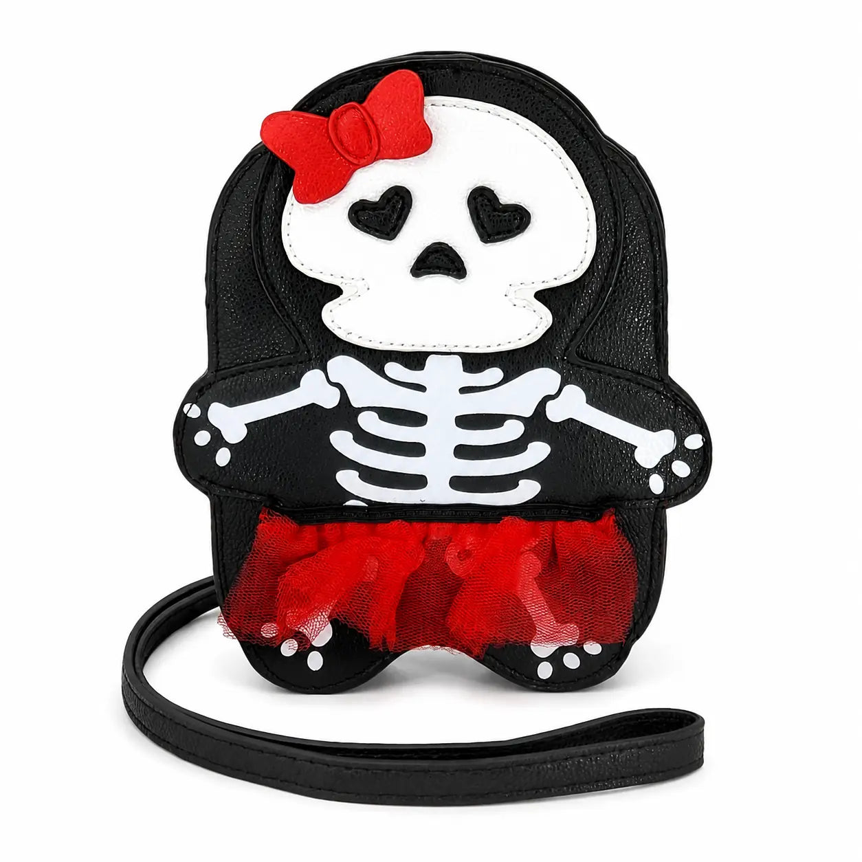 Skeleton girl crossbody bag with heart-shaped eyes, red bow, and tulle tutu