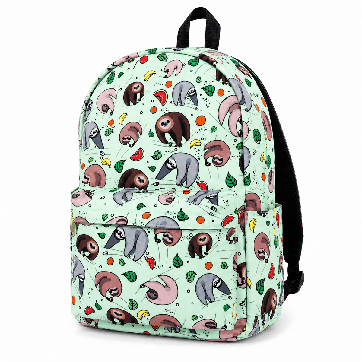 Angled view of the Sloth Backpack showing the colorful sloth print and front pocket.