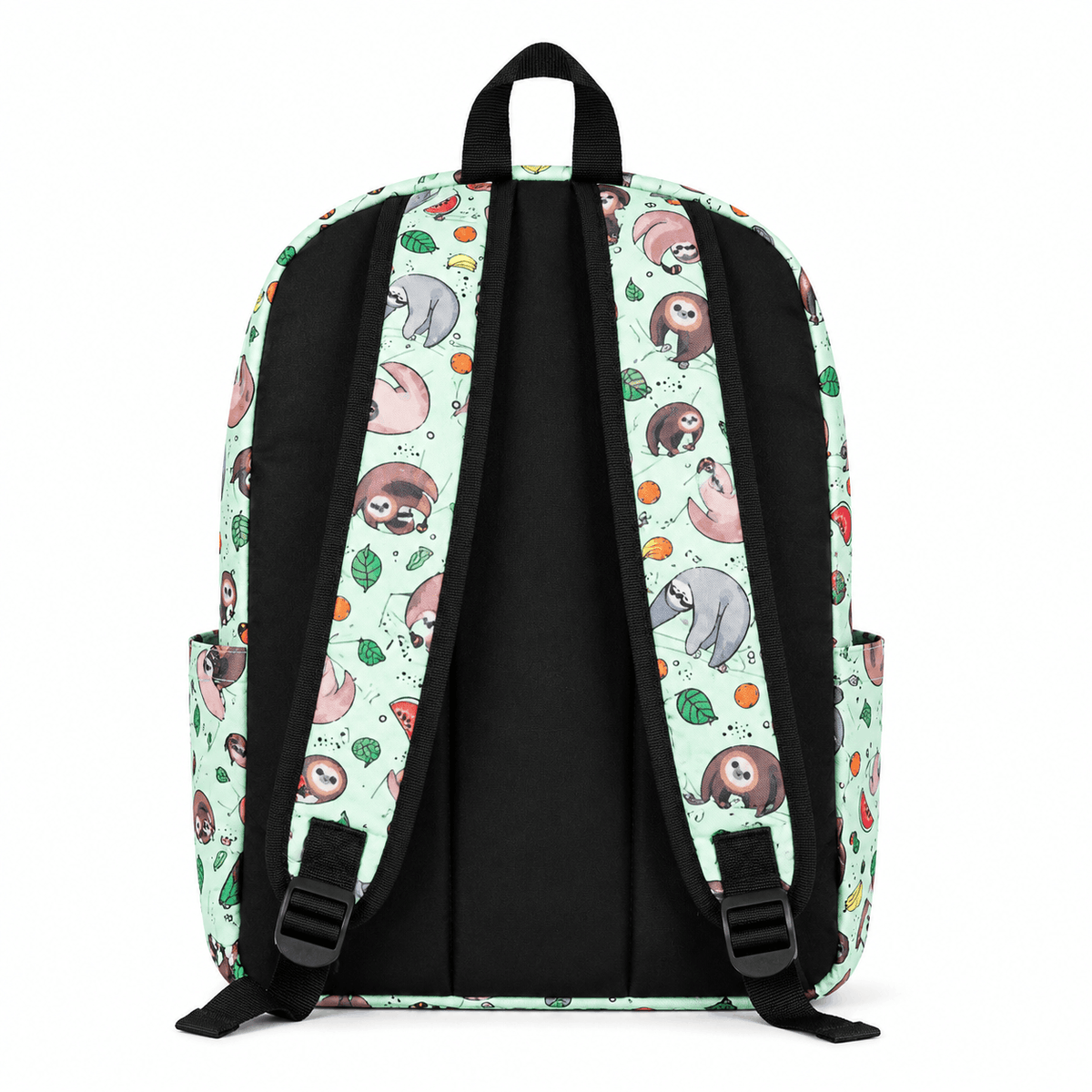 Back view of the Sloth Backpack with black canvas back panel and adjustable shoulder straps.