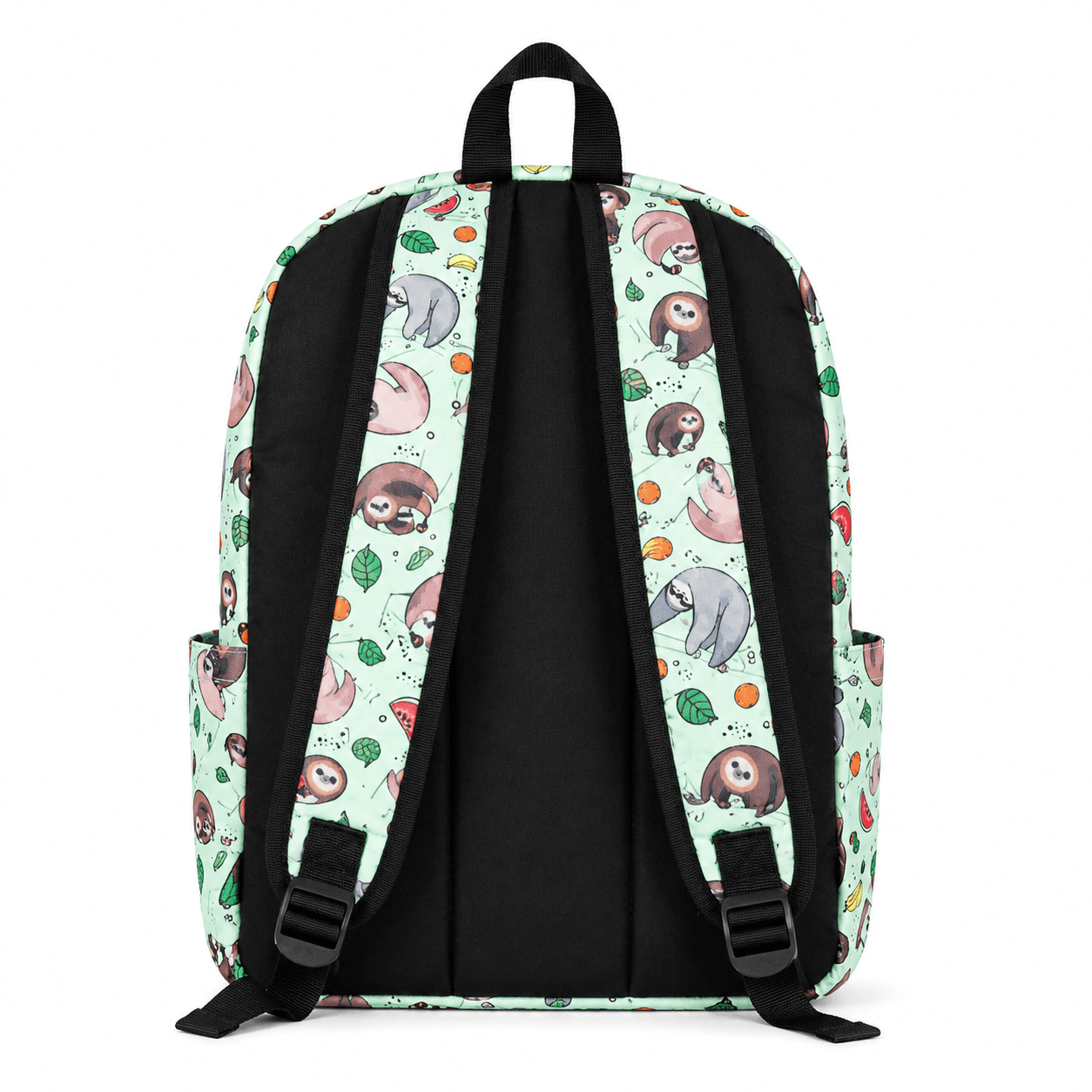 Back view of the Sloth Backpack with black canvas back panel and adjustable shoulder straps.