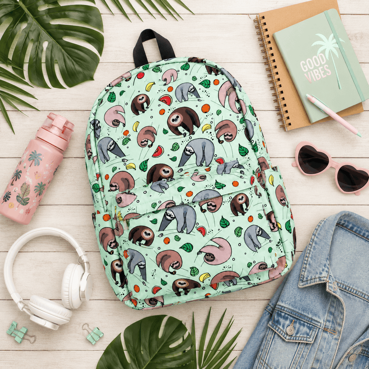 Sloth Backpack displayed in a flat lay with school supplies and everyday essentials.