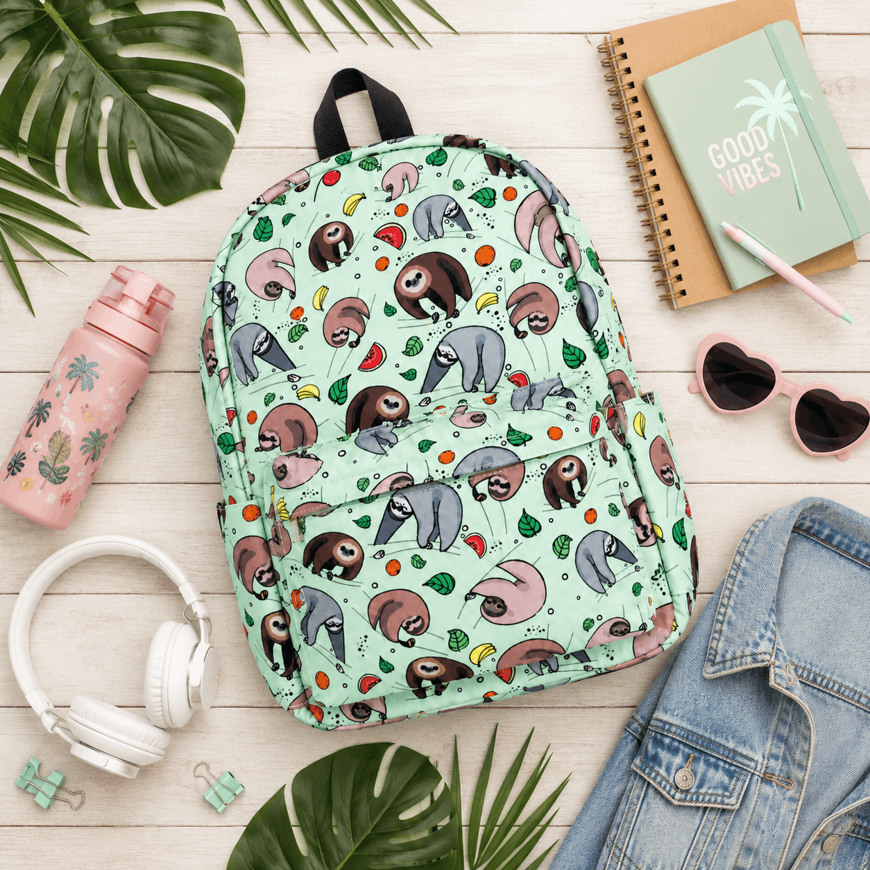 Sloth Backpack displayed in a flat lay with school supplies and everyday essentials.