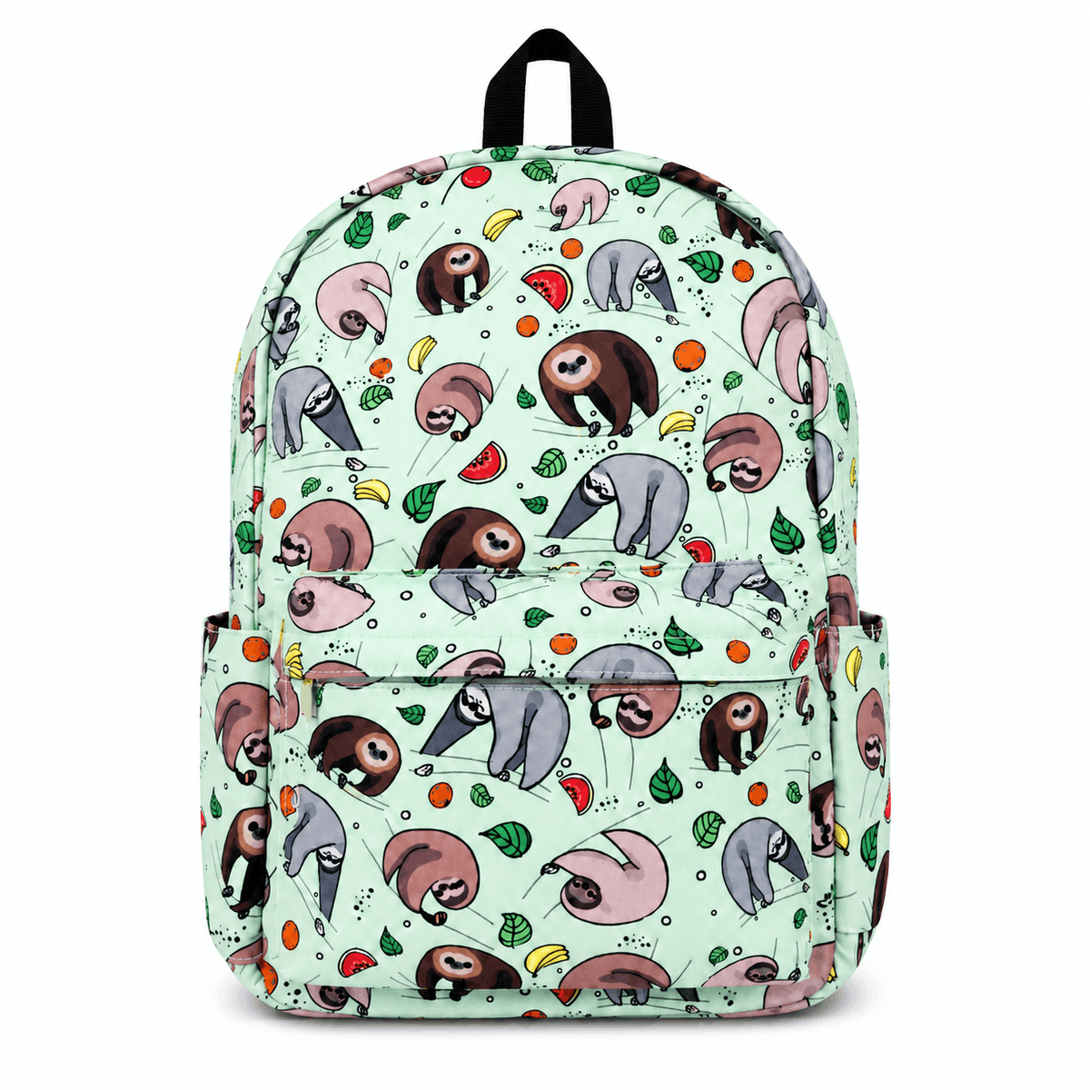 Front view of the Sloth Backpack featuring a colorful sloth and fruit print.