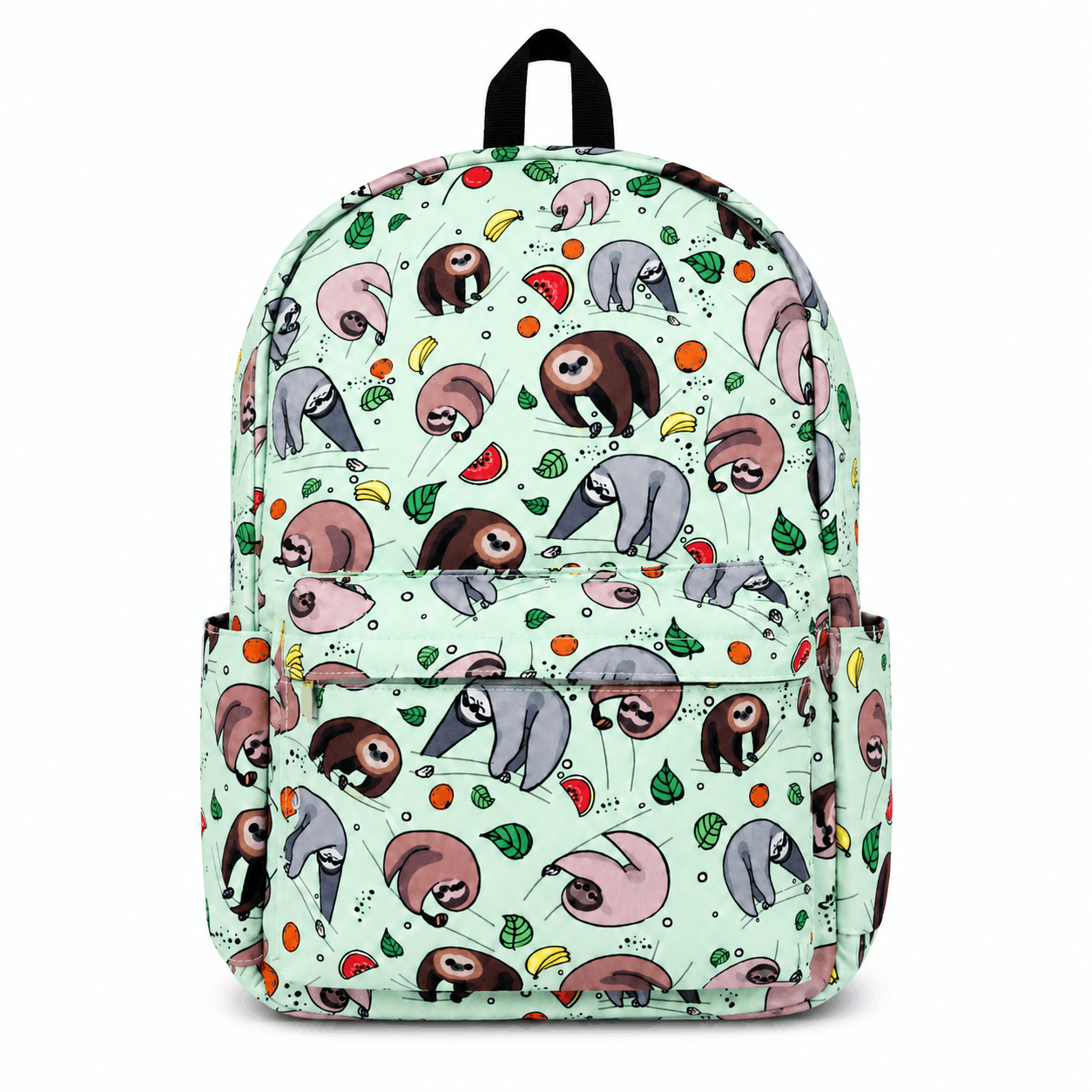 Front view of the Sloth Backpack featuring a colorful sloth and fruit print.